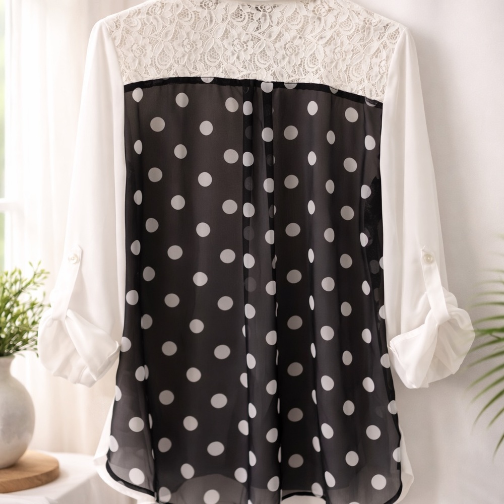 Sheer White Blouse Lace Yoke Polka Dot Back Button Front Roll Sleeve Top Women L